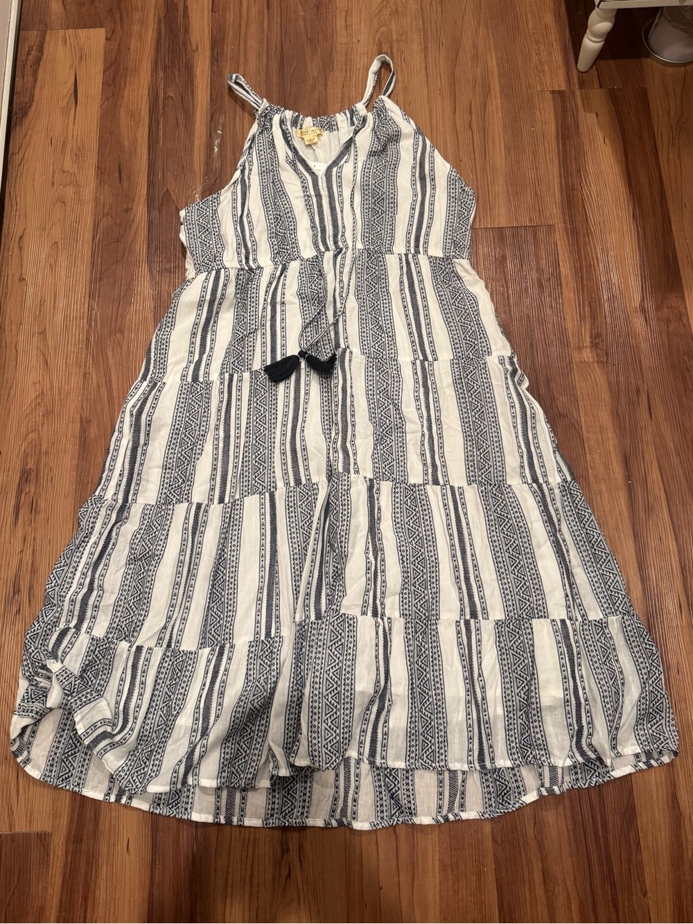 NWT women’s large Striped Blue and White Sundress with Tassel Tie